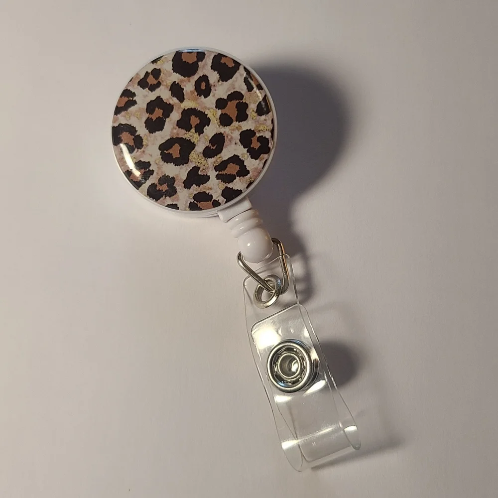 Leopard Print Retractable Badge Reel — White